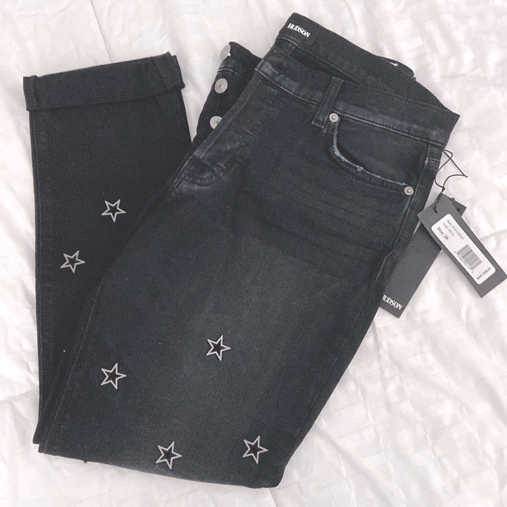 NWT Hudson Riley Relaxed Straight crop jeans in myth w star embellishment